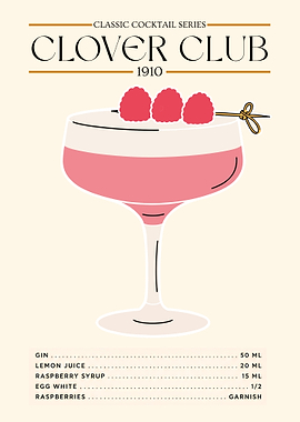 Clover Club Cocktail Poster – Classic Cocktail Minimalist Wall Art (1910 Edition)