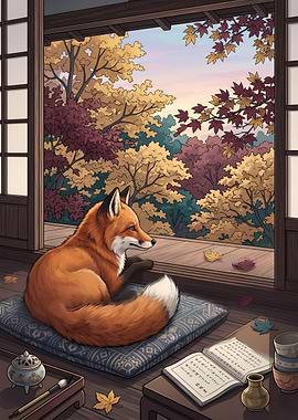Fox in a Japanese room with autumn view