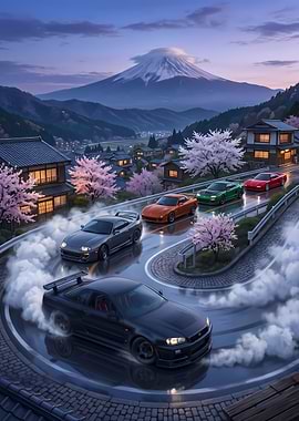 Drifting Cars with Mount Fuji Backdrop