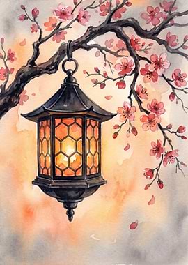 Lantern Hanging from Cherry Blossom Branch