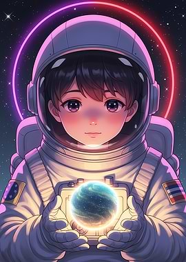 Anime Astronaut Holding Glowing Planet in Space