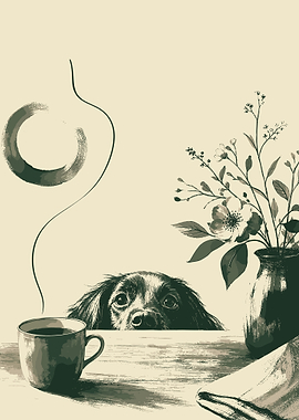 Cute Dog Coffee Wall Art Print – Whimsical Zen Puppy Illustration Poster