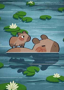 Two Capybaras in Water with Lily Pads