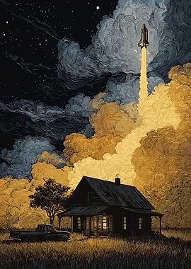Space Shuttle Launch Over Rural House