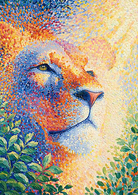 Prismatic Pointillism Lion – Luminous Contemporary Wildlife Wall Art