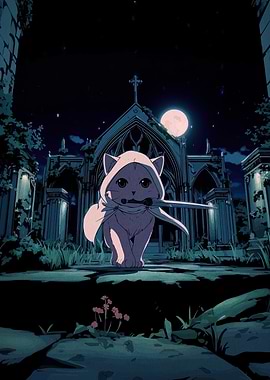 Cute Cat with Rose in Gothic Setting