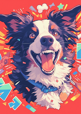 Happy Border Collie Dog with Confetti