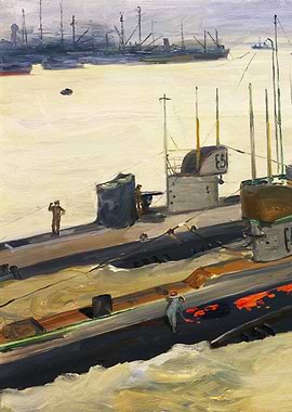 British Mine-laying Submarines, Harwich, 1917 by John Lavery WW1 Historical Painting