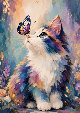Whimsical Cat and Butterfly Painting