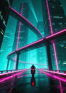 Cyberpunk Motorcycle Rider in Neon City