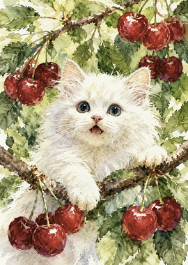 Fluffy White Kitten in Cherry Tree