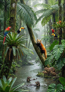 Jungle River Wildlife Scene