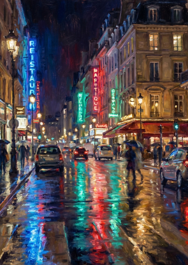 Rainy Paris Street at Night
