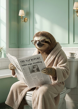 Sloth Reading Newspaper on Toilet, funny animal