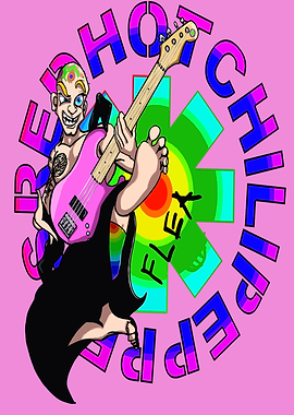 Flea playing bass with Red Hot Chili Peppers logo