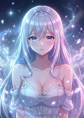 Anime Girl in White Dress Under Stars