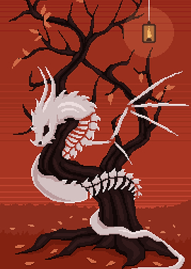 Pixel Art Dragon on a Tree