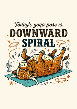 Funny Highland Cow Yoga Poster – Downward Spiral Western Cow Wall Art