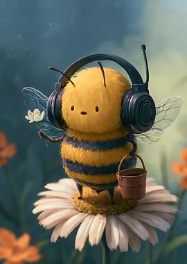 Cute Bee with Headphones and Flower