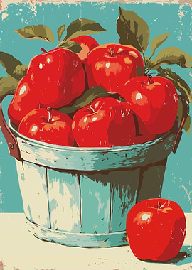 Vintage Apple Bushel Basket Illustration Rustic Harvest Wall Art Poster