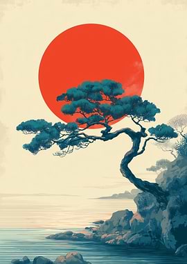 Serene Japanese Landscape with Pine Tree