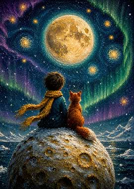 Boy and Fox on Moon