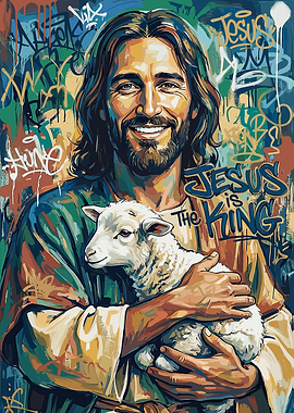 Jesus Holding a Lamb with Graffiti Background