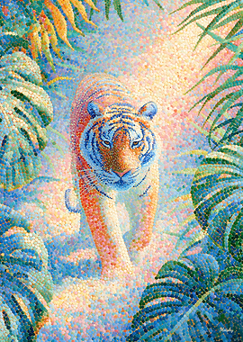 Prismatic Pointillism Tiger – Luminous Exotic Wildlife Wall Art