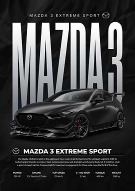 A sleek black Mazda 3 Extreme Sport Car poster