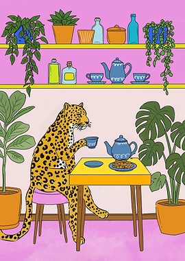 Leopard Enjoying Tea and Cookies