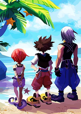 Kingdom Hearts characters on a beach