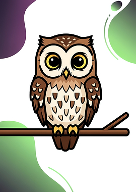 Cute Cartoon Owl with Big Yellow Eyes on Branch