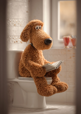 Dog reading on the toilet