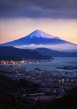 Mount Fuji Over Cityscape at Dusk