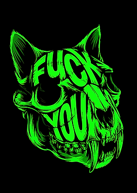Neon Green Wolf Skull Text Art