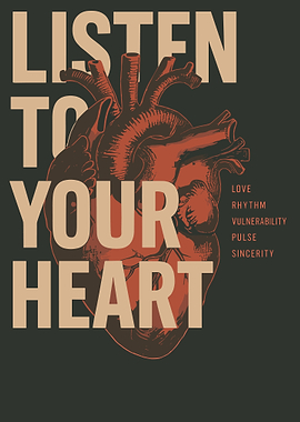 Listen To Your Heart Anatomical Heart Typography Motivational Wall Art Poster