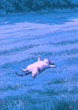 Cat relaxing in a blue meadow