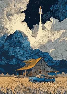Space Shuttle Launch Over Rural Landscape