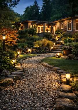 Illuminated Garden Path to a House