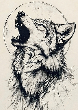 Wolf howling at the moon sketch