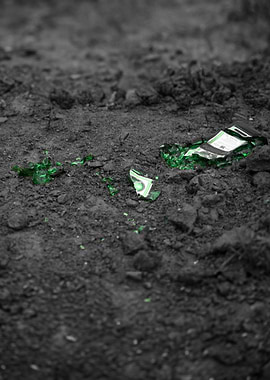 Shattered Green Bottle on Dark Soil