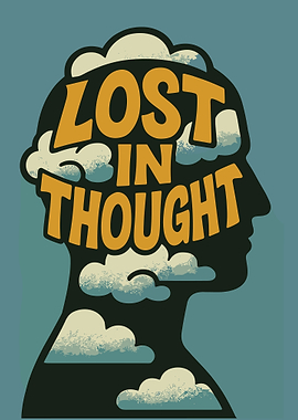 Lost in Thought Silhouette Head Retro Cloud Illustration Wall Art Poster