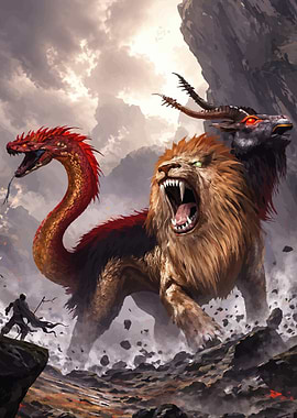 Mythical Chimera Creature Confronts Warrior
