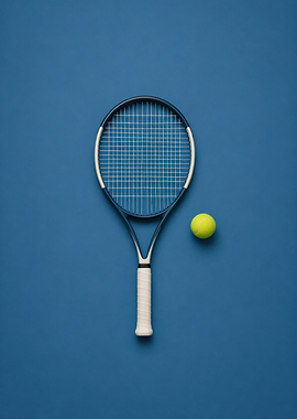 Tennis Racket and Ball on Blue - Minimalist Tennis Art
