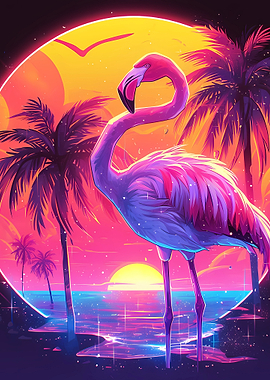 Retro Flamingo Sunset Beach