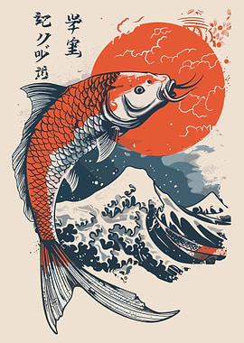 Japanese Koi Fish Great Wave Wall Art Print – Ukiyo-e Style Samurai Decor Poster