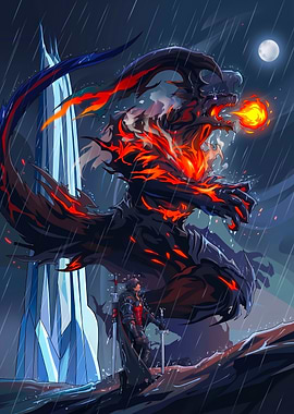 Dragon and Knight in Rain