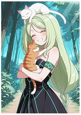cute Anime Girl with Cats in Forest