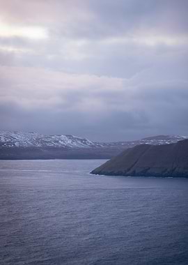 Misty Coastal Landscape with Snow-Capped Mountains