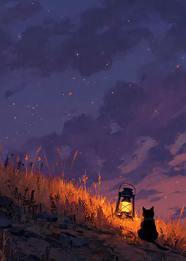 Cat watching lantern in twilight